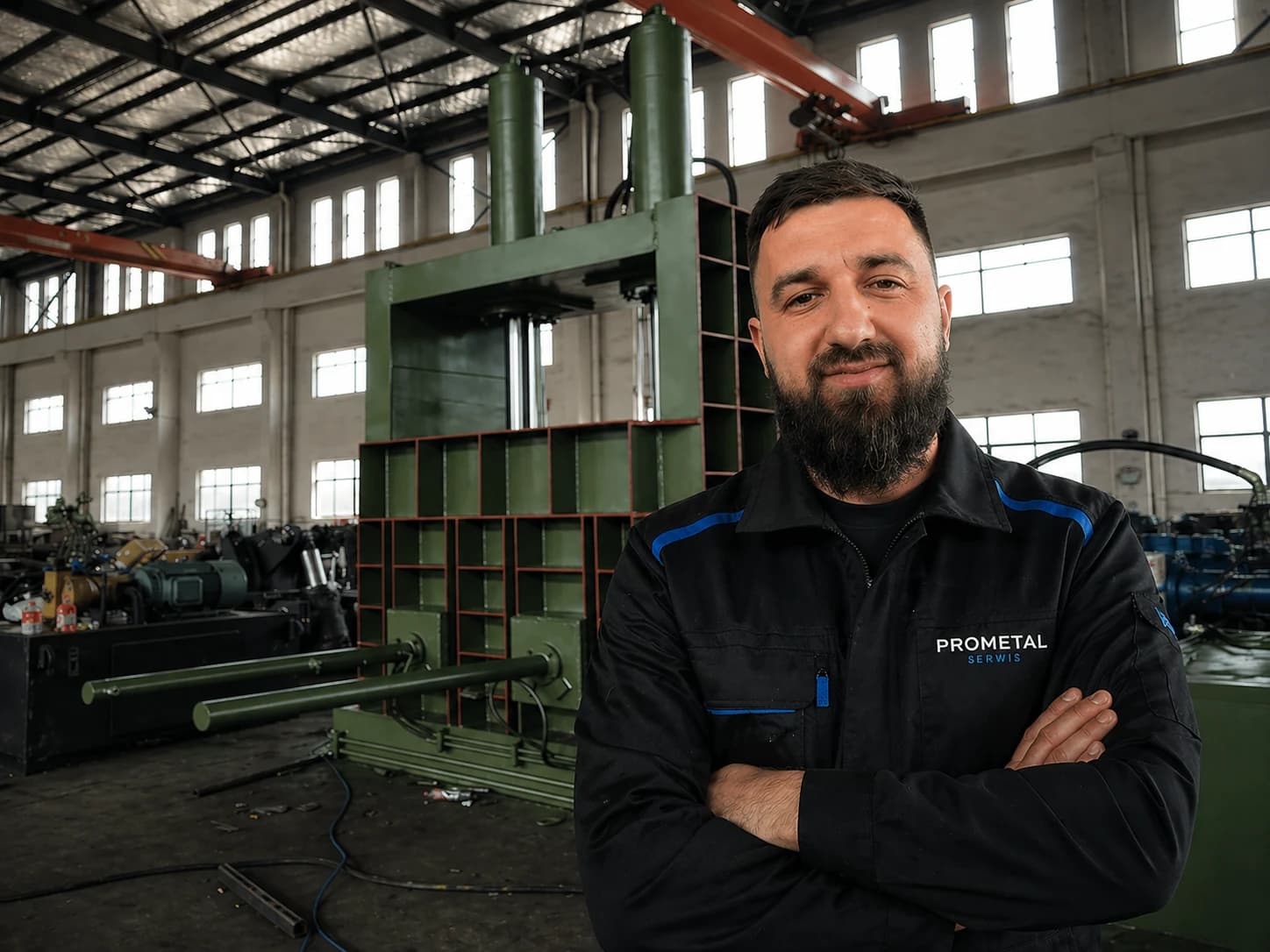 Specjalista Prometal Serwis przy maszynie przemysłowej